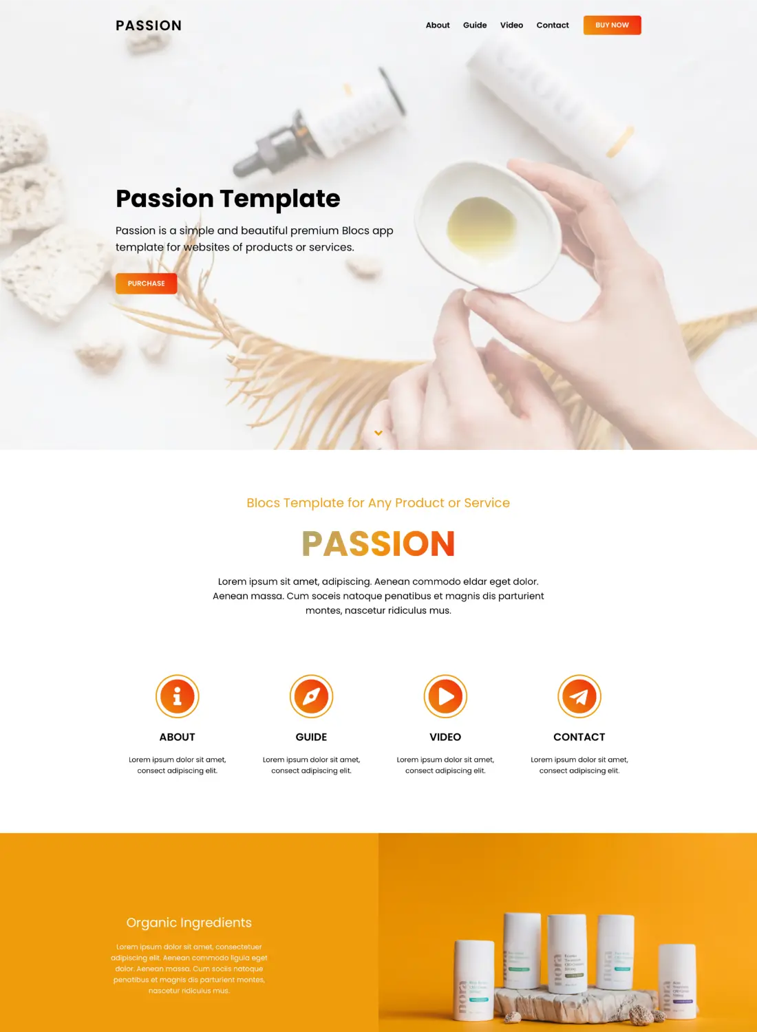 passion product landing page premium free template for blocs 5 website builder